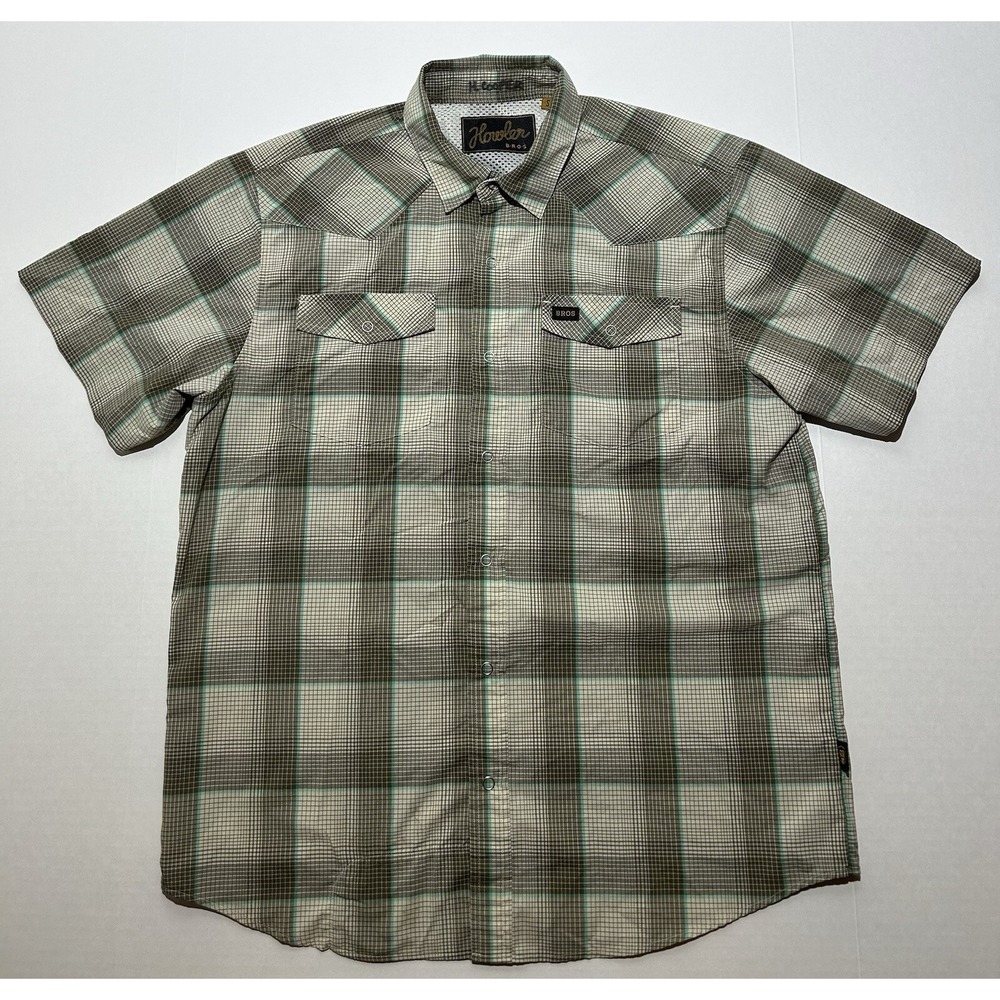 Howler Bros. Western Cowboy Short Sleeve Shirt Vented Beige Green Plaid All